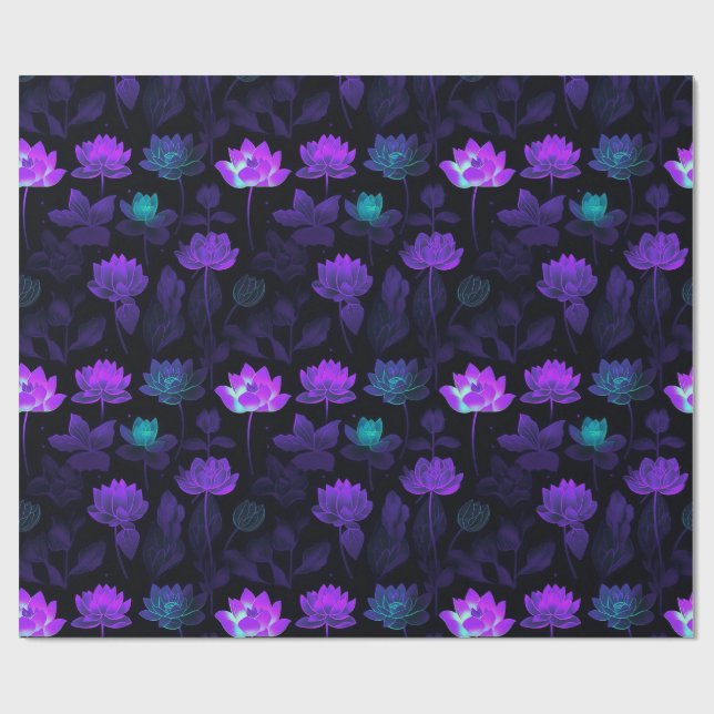 Vibrant Neon Lotus Flower Pattern Wrapping Paper (Flat)
