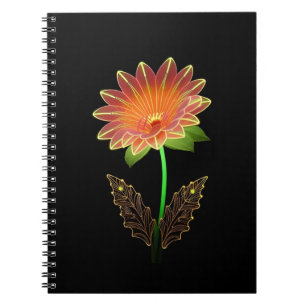 Vibrant Neon-Outlined Flower With Lush Green Leave Notebook