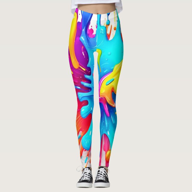 Vibrant Neon Paint Splash Art Leggings (Front)