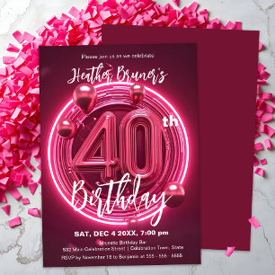 Vibrant Neon Pink 40th Birthday with Balloons Invitation