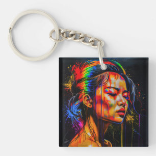 Vibrant Neon Portrait – Abstract Expressionist Art Key Ring
