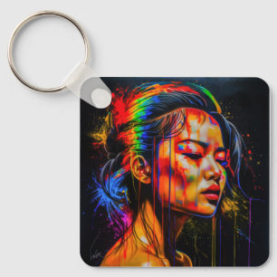 Vibrant Neon Portrait – Abstract Expressionist Art Key Ring