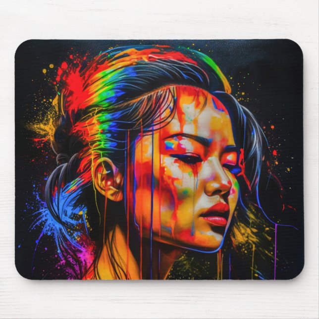 Vibrant Neon Portrait – Abstract Expressionist Art Mouse Mat (Front)