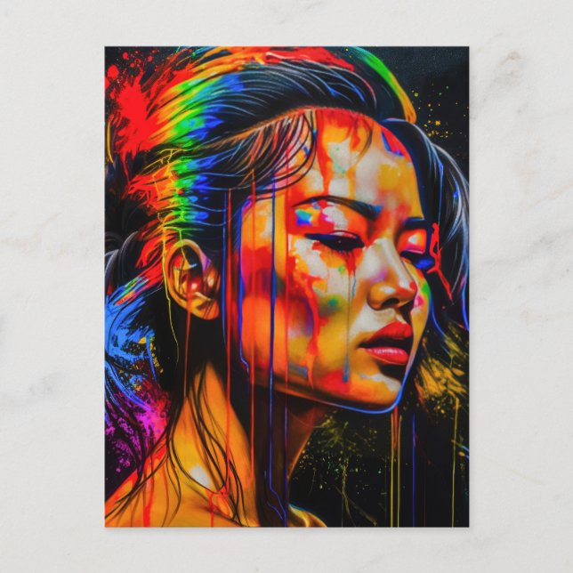 Vibrant Neon Portrait – Abstract Expressionist Art Postcard (Front)