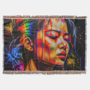 Vibrant Neon Portrait – Abstract Expressionist Art Throw Blanket