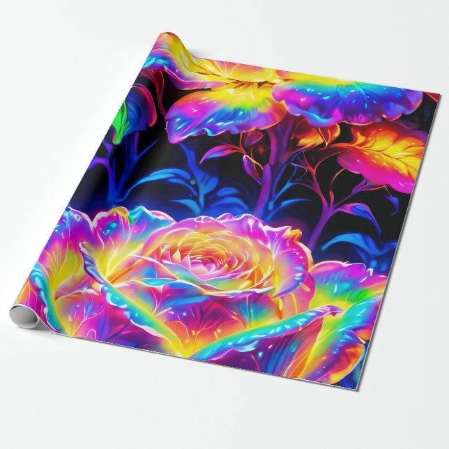 Vibrant Neon Psychedelic Flowers Wrapping Paper (Unrolled)