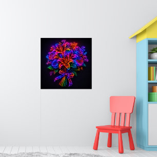 Vibrant Neon Rainbow Floral Bouquet Wall Poster