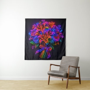 Vibrant Neon Rainbow Floral Bouquet Wall Tapestry