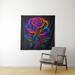 Vibrant Neon Rainbow Rose Bloom with Electric Glow Tapestry