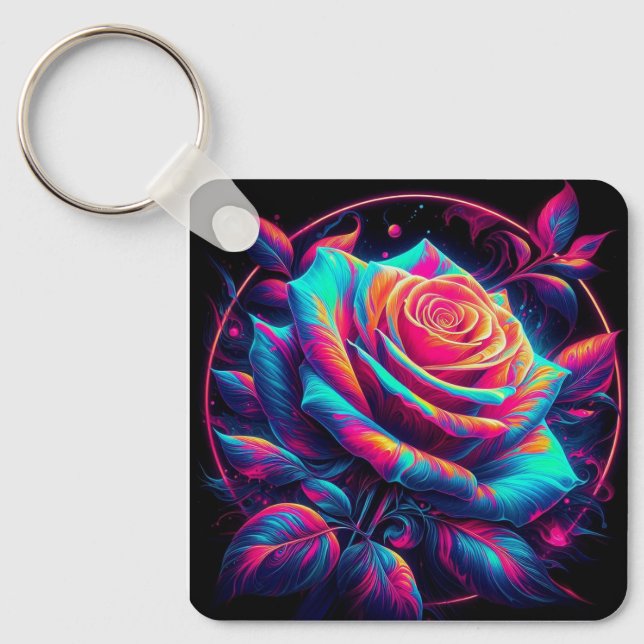 Vibrant Neon Rose Key Ring (Front)