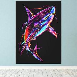 Vibrant Neon Shark Modern Digital Ocean Canvas Print