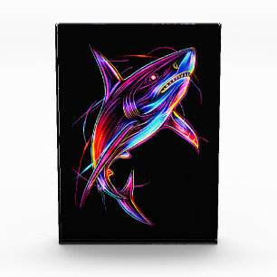 Vibrant Neon Shark Modern Digital Ocean Photo Block