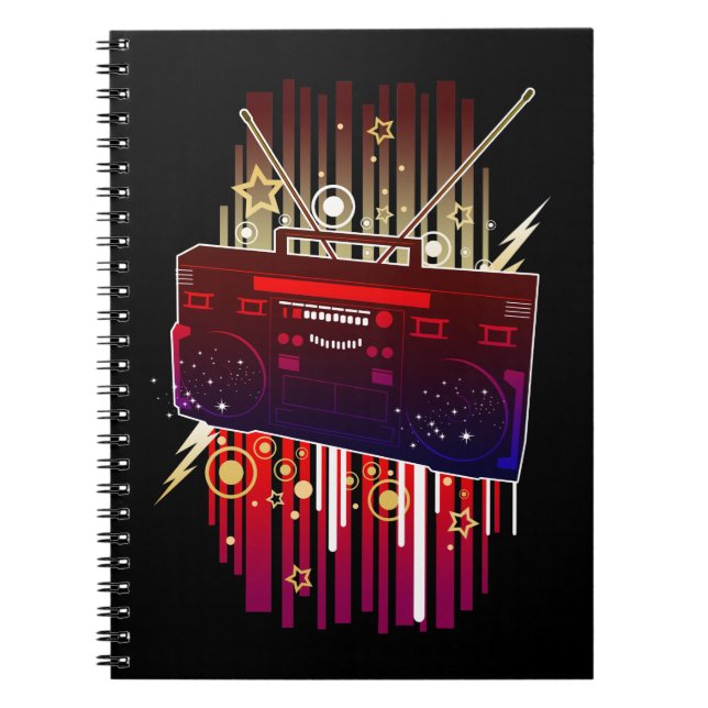Vibrant Neon Speaker Design with Retro Music Notebook (Front)