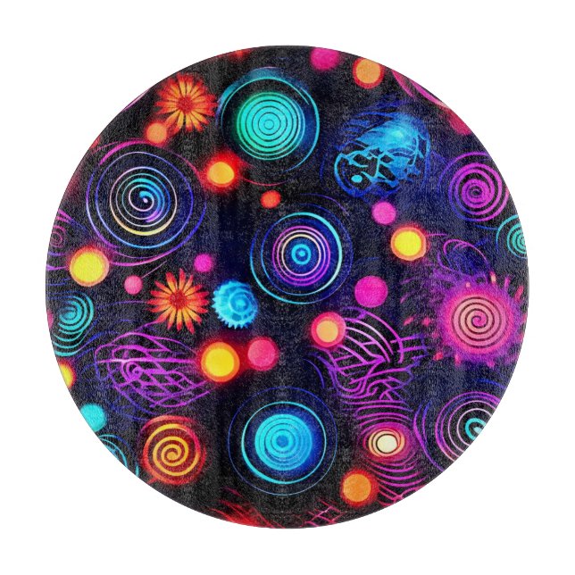 Vibrant Neon Spiral and Dot Art Cutting Board (Front)