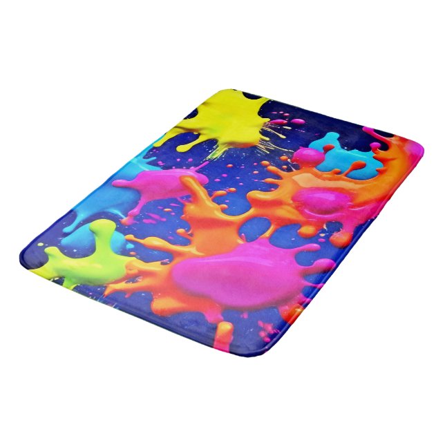 Vibrant Neon Splashes on Dark Canvas Bath Mat (Angled)