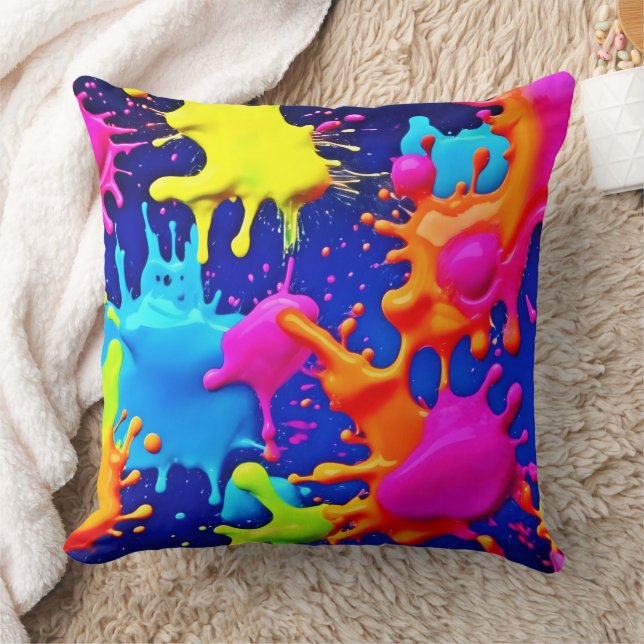 Vibrant Neon Splashes on Dark Canvas Cushion (Blanket)