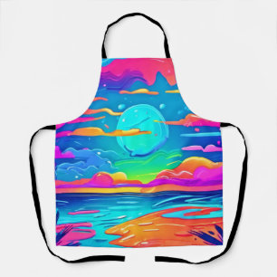 Vibrant Neon Sunset Over Ocean Waves Apron