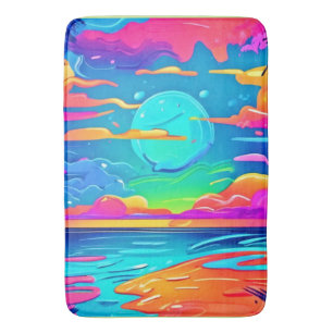 Vibrant Neon Sunset Over Ocean Waves Bath Mat