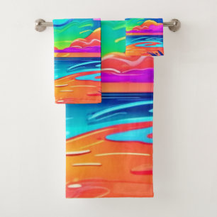 Vibrant Neon Sunset Over Ocean Waves Bath Towel Set