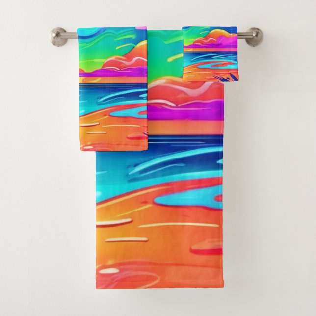 Vibrant Neon Sunset Over Ocean Waves Bath Towel Set (Insitu)