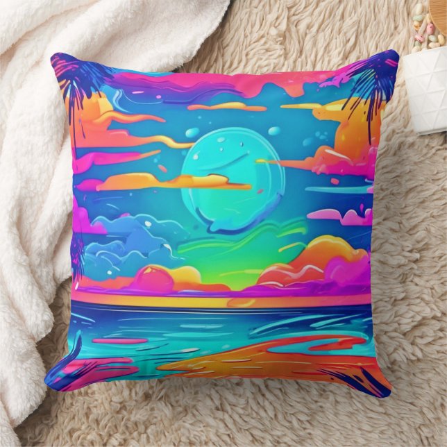 Vibrant Neon Sunset Over Ocean Waves Cushion (Blanket)