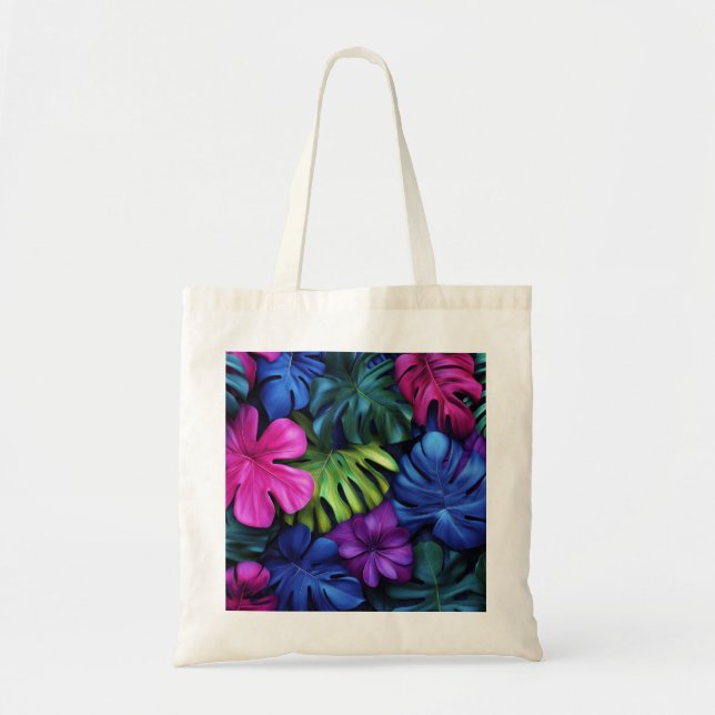 Vibrant Neon Tropical Monstera Leaves Background Tote Bag (Front)