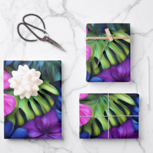 Vibrant Neon Tropical Monstera Leaves Background Wrapping Paper Sheet