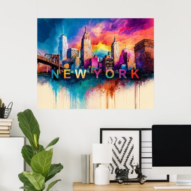 Vibrant New York City Colourful Skyline Art Poster (Home Office)