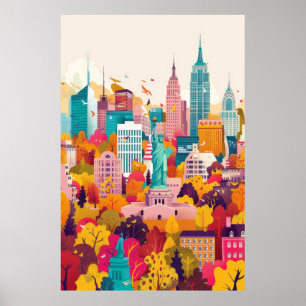 Vibrant New York City Skyline Flat Vector Art Post Poster