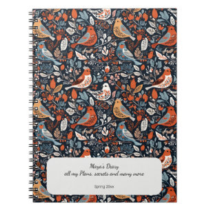 Vibrant Nordic Floral And Bird Pattern Personalise Notebook