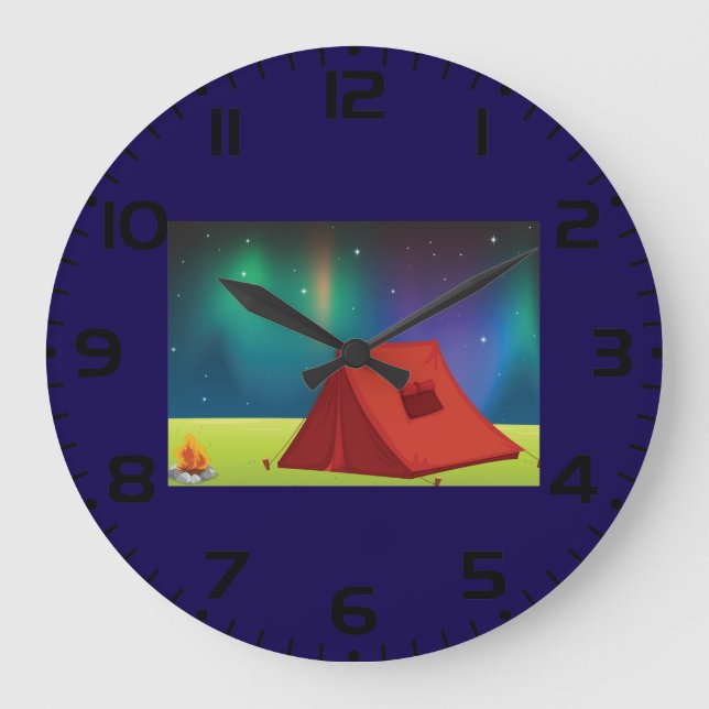 Vibrant Northern Lights Camping Tent Night Large Clock (Front)