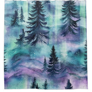 Vibrant Northern Lights Dark Pine Winter Sky Shower Curtain