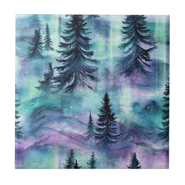 Vibrant Northern Lights Dark Pine Winter Sky Tile (Front)