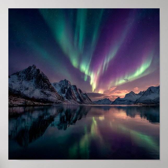 Vibrant Northern Lights over Reflective Norwegian  Poster (Front)