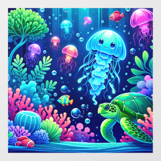 Vibrant Ocean Fantasy with Jellyfish and Turtles Window Cling