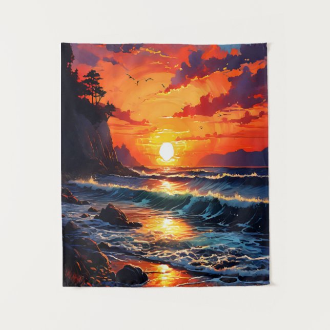 Vibrant Ocean Sunset - Coastal Art Tapestry (Front)