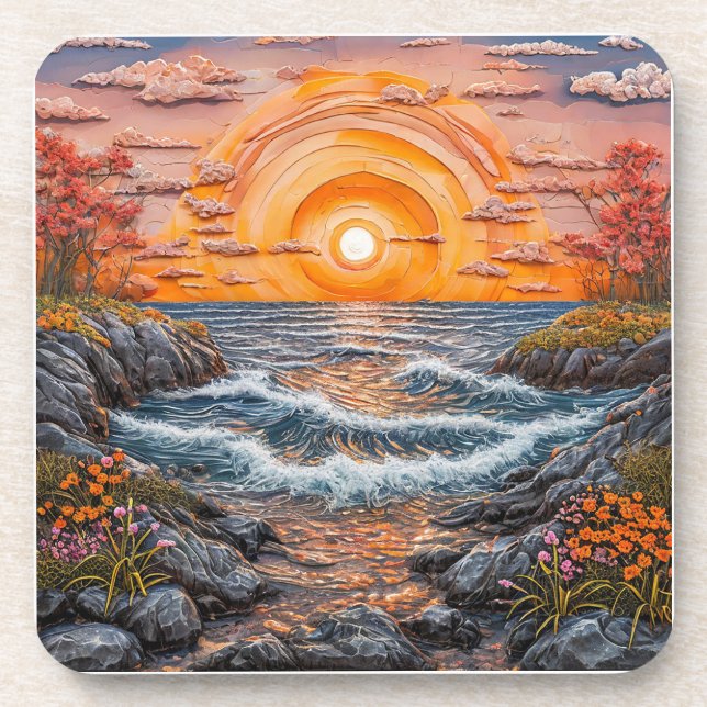 Vibrant Ocean Sunset Landscape Coaster (Front)