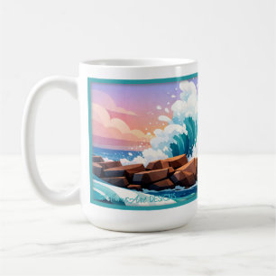 Vibrant Ocean Wave Crashing on Rocky Shore Coffee Mug