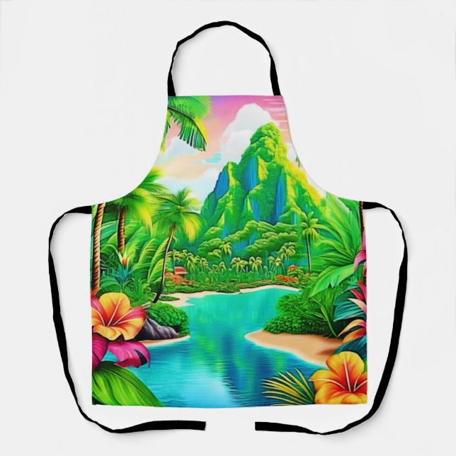 Vibrant Ocean Waves & Palm Trees Art Apron (Front)