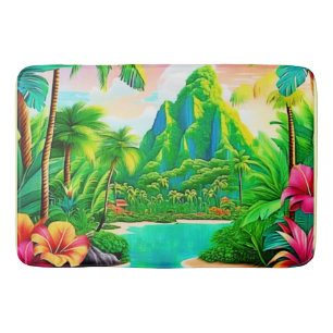 Vibrant Ocean Waves & Palm Trees Art Bath Mat
