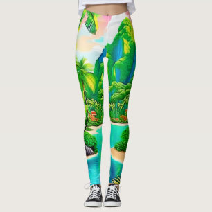 Vibrant Ocean Waves & Palm Trees Art Leggings