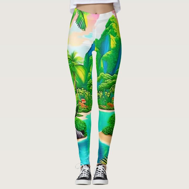 Vibrant Ocean Waves & Palm Trees Art Leggings (Front)