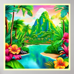 Vibrant Ocean Waves & Palm Trees Art Poster