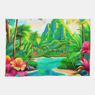 Vibrant Ocean Waves & Palm Trees Art Tea Towel