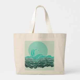 Vibrant ocean waves & sunset large tote bag