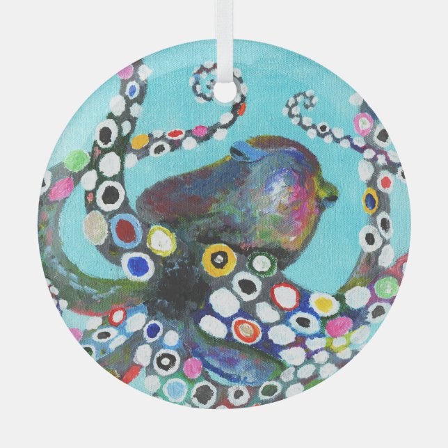 Vibrant Octopus: Acrylic Illustration Glass Tree Decoration (Front)