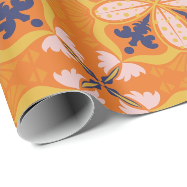 Vibrant orange and blue floral pattern wrapping paper (Roll Corner)