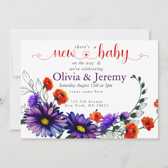 Vibrant Orange and Purple Wildflowers Baby Shower Invitation (Front)