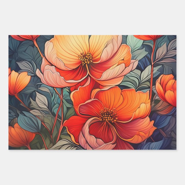 Vibrant orange and red flowers  wrapping paper sheet (Front)