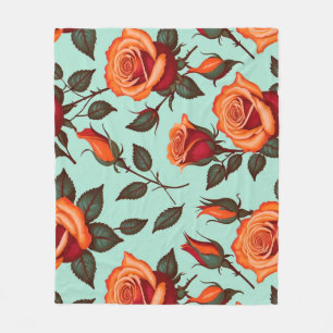 Vibrant Orange And Red Roses Fleece Blanket